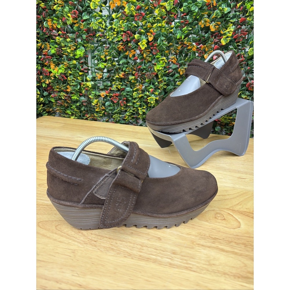 FLY London Robi Brown Suede Wedge Platform Mary Jane Shoes Women EU 39 US 8-8.5